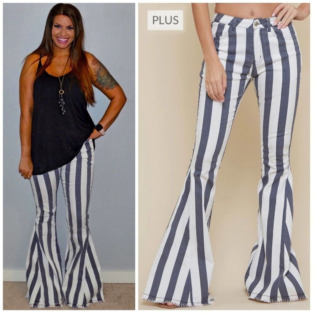 Plus Size Striped Bell Bottom Jeans- sku: 9184